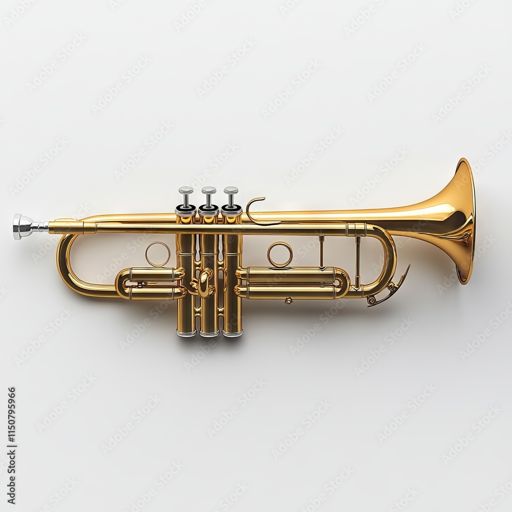 Obraz premium A gleaming brass 3D trumpet with detailed valves and a flared bell, positioned horizontally on a plain white background.