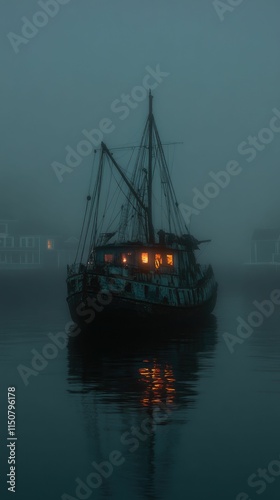 Wallpaper Mural Foggy night, old ship, lights aglow, still water. Torontodigital.ca