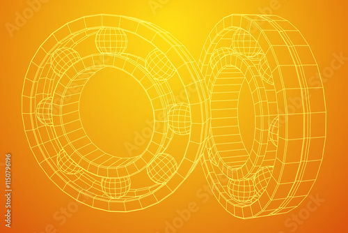Roller bearing. Circular round rotating bearings used in industry for heavy equipment mechanical work and engineering. Wireframe low poly mesh vector illustration.