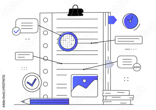 A vector illustration of task management and organization concept. Includes a clipboard, checkmarks, pencil, clock, calendar, and communication icons. Ideal for productivity themes