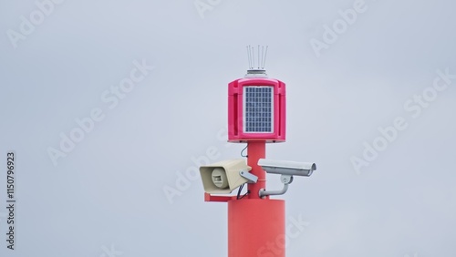 Nautical Marine Beacon Post with Surveillance Camera and PA System Loudspeaker photo