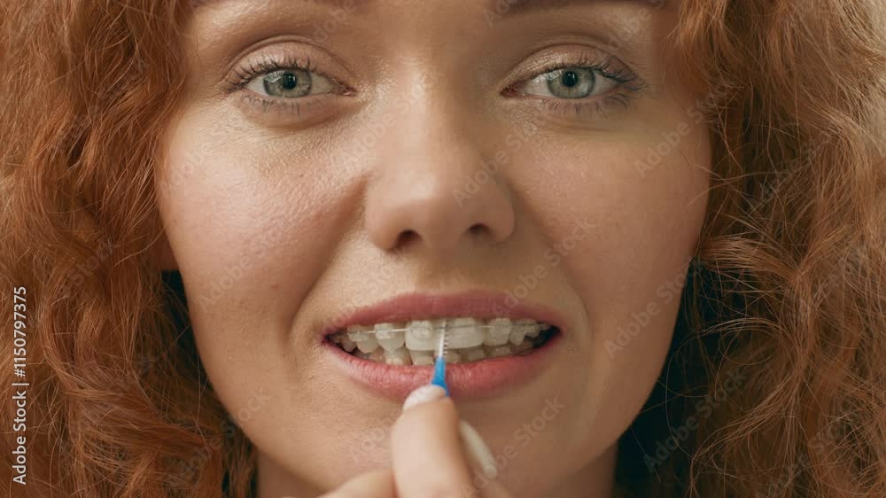 A woman with curly red hair is carefully cleaning her clear braces with a small brush. She appears focused in a well-lit space, dedicated to maintaining her dental hygiene. A woman with curly red hair is carefully cleaning her clear braces with a small brush. She appears focused in a well-lit space, dedicated to maintaining her dental hygiene.