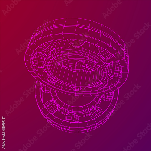 Roller bearing. Circular round rotating bearings used in industry for heavy equipment mechanical work and engineering. Wireframe low poly mesh vector illustration.