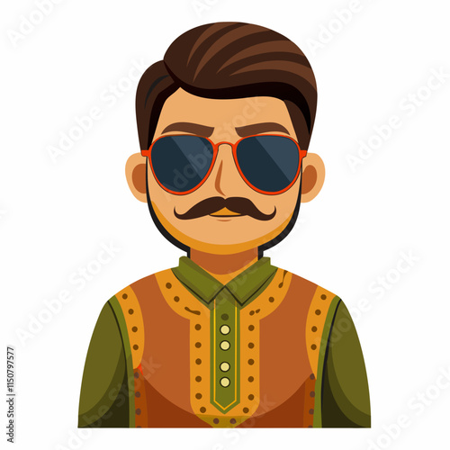 man avatar in a Pakistani kurta top with fine embroidery and sunglasses.