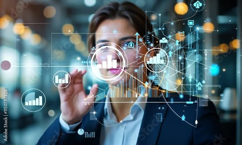 Businesswoman interacts with holographic data charts and graphs, showcasing innovative technology and digital business solutions.