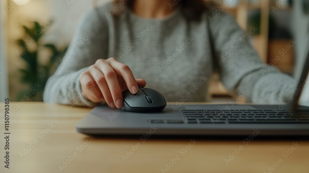 Woman's Hand Using a Wireless Mouse on a Laptop Woman's Hand Using a Wireless Mouse on a Laptop