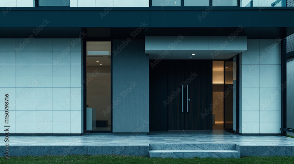 Modern Home Exterior with Gray Walls and Dark Door Modern Home Exterior with Gray Walls and Dark Door