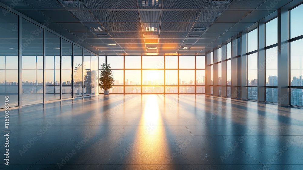 Modern office interior with sunset view and bright light Modern office interior with sunset view and bright light