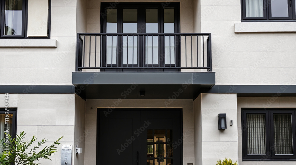 Obraz premium Modern building facade with off-white stucco walls, dark gray trim, black windows and doors, a dark gray balcony with black railing, and exterior lighting. Landscaping is partially visible.