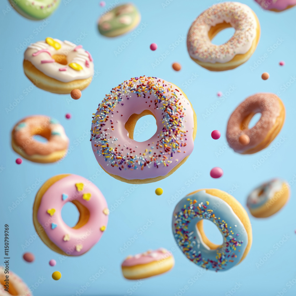 Collection of colorful donuts stacked together on white background Collection of colorful donuts stacked together on white background