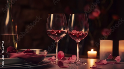 Romantic valentine's day dinner setup with rose wine and candles