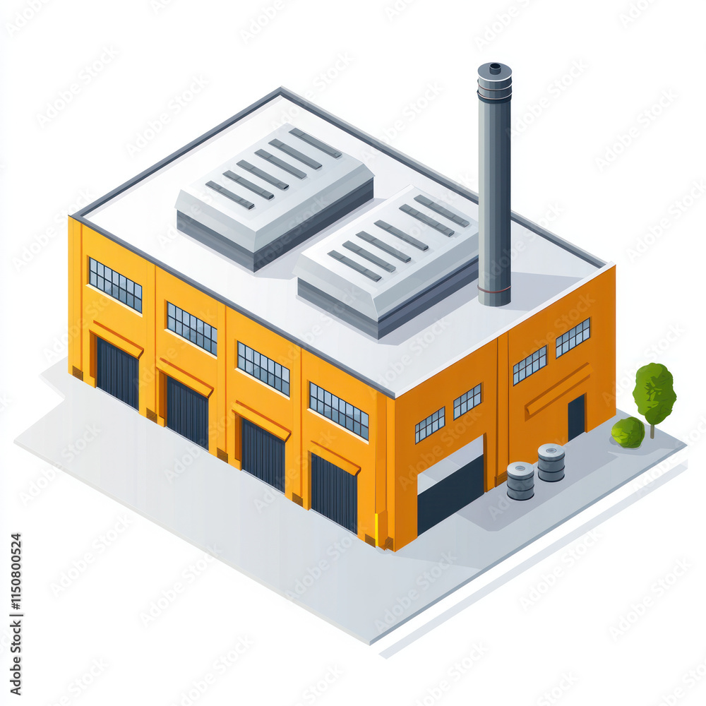 A Modern industrial facility with vibrant orange exterior, featuring large windows, chimney, and storage barrels nearby A Modern industrial facility with vibrant orange exterior, featuring large windows, chimney, and storage barrels nearby