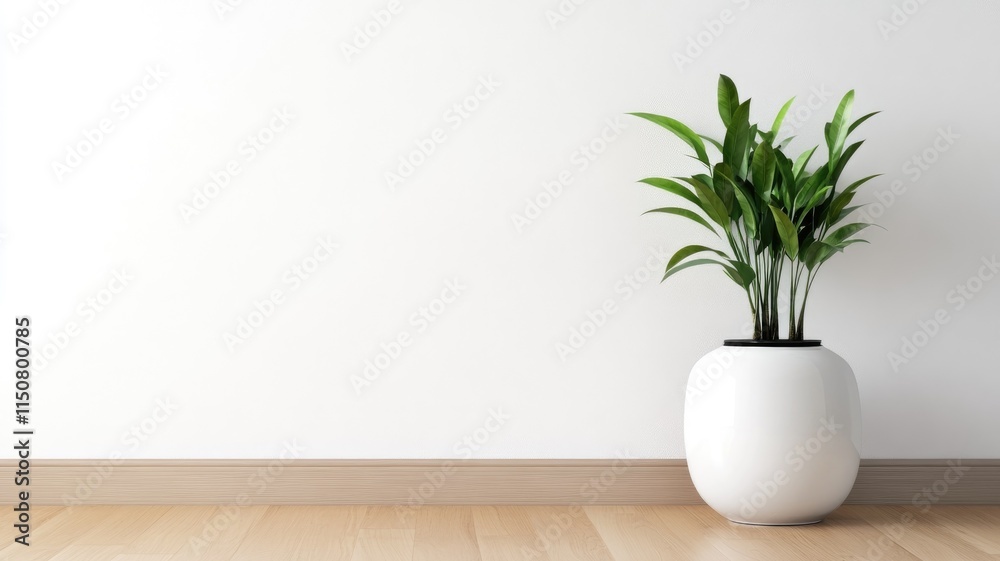 Potted green plant in white vase on wooden floor against light wall Potted green plant in white vase on wooden floor against light wall
