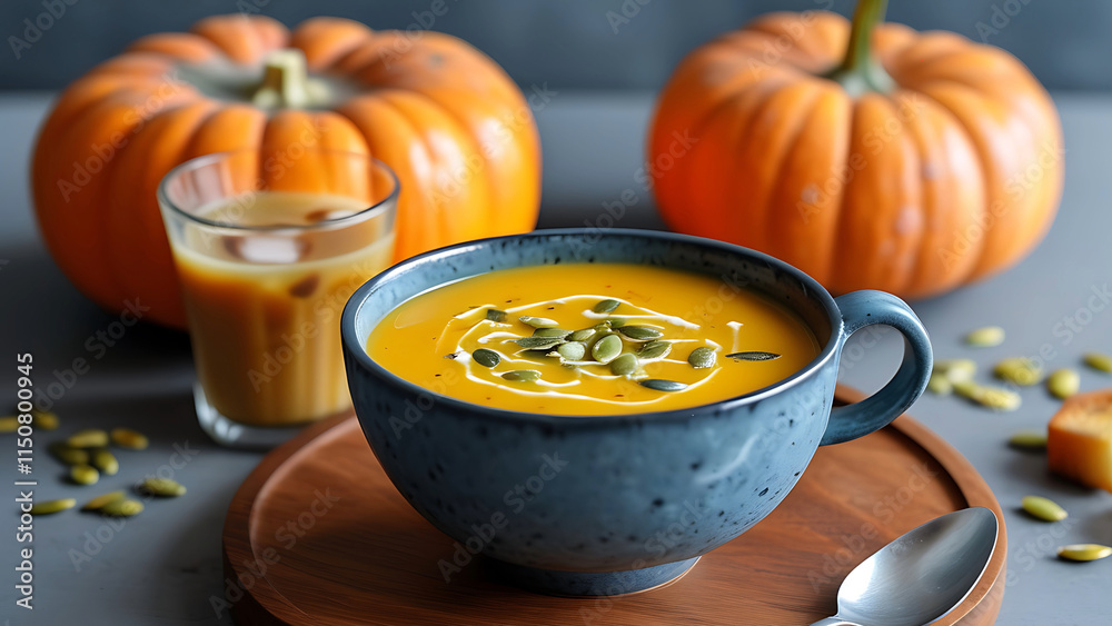 Delicious autumnal pumpkin soup in a rustic bowl, garnished with pumpkin seeds and served with iced coffee. Perfect for fall recipes and healthy eating. Delicious autumnal pumpkin soup in a rustic bowl, garnished with pumpkin seeds and served with iced coffee. Perfect for fall recipes and healthy eating.