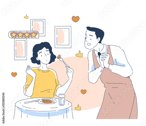 Flat vector illustration of a satisfied restaurant customer enjoying a meal while a waiter looks attentive. Includes a five-star rating, hearts, and thumbs-up symbols. Concept of excellent service.