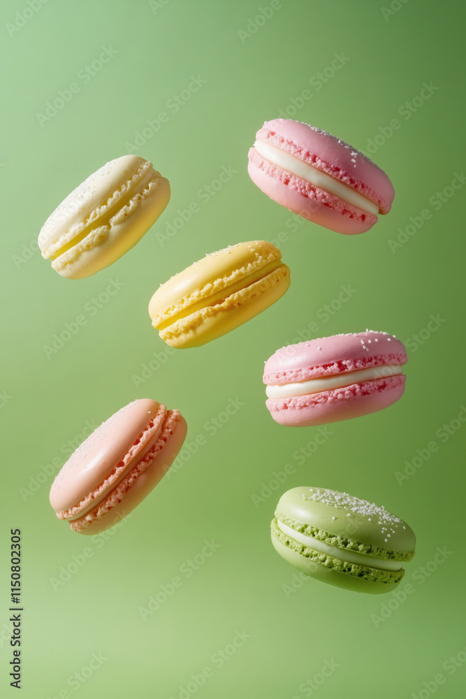 A collection of colorful macarons captured mid-air with a green background