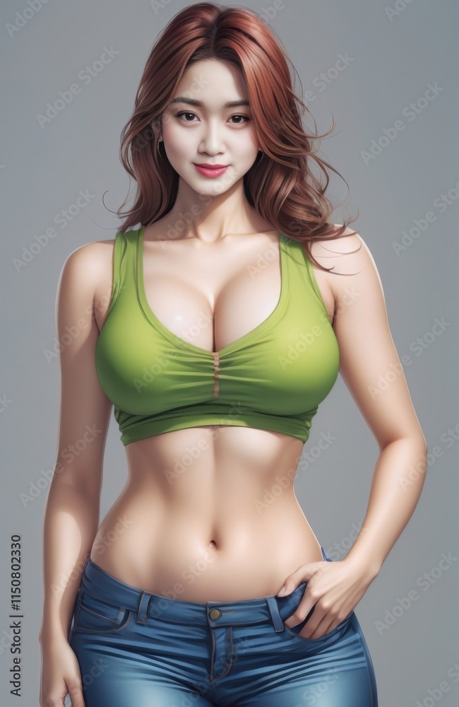 a close up of a woman in a green top and jeans a close up of a woman in a green top and jeans