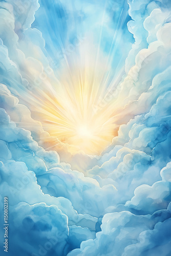 Sky background with divine light and blue clouds, Theophany watercolor