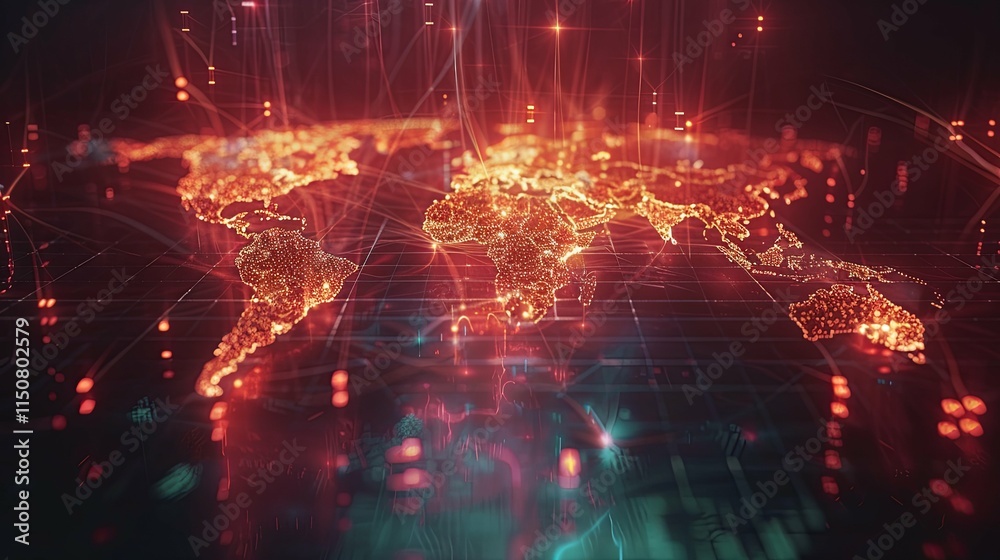 Global Network: Illuminated World Map with Interconnecting Data Streams Global Network: Illuminated World Map with Interconnecting Data Streams