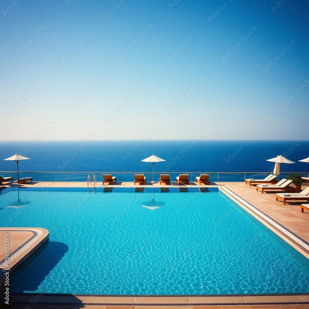 Fototapeta premium A sparkling blue swimming pool overlooks the vast ocean under a clear sky. Lounge chairs invite relaxation in this idyllic setting