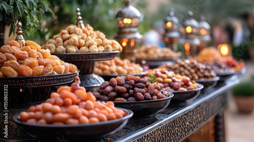 Assorted dried fruits displayed on ornate table outdoors. photo