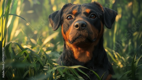 A rottweiler sitting on lush green grass