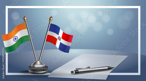 India and Dominican Republic National flags on small table with bokeh background, cooperative relationship