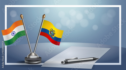 India and Ecuador National flags on small table with bokeh background, cooperative relationship