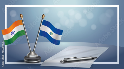 India and El Salvador National flags on small table with bokeh background, cooperative relationship