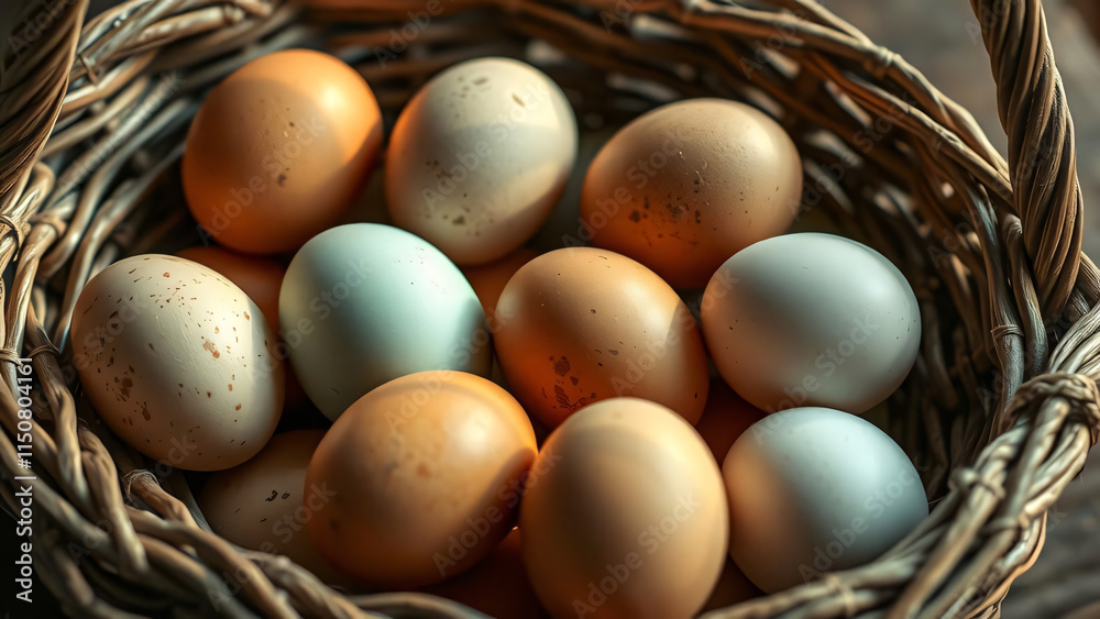 A rustic wicker basket overflowing with a variety of fresh, colorful eggs A rustic wicker basket overflowing with a variety of fresh, colorful eggs