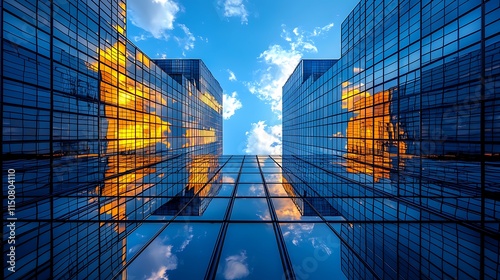 Modern Glass Skyscrapers Reflecting Sky And Clouds