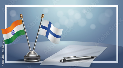 India and Finland National flags on small table with bokeh background, cooperative relationship
