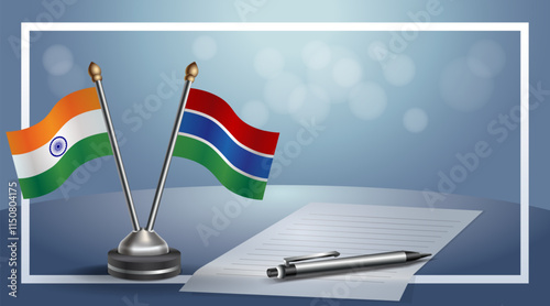 India and Gambia National flags on small table with bokeh background, cooperative relationship