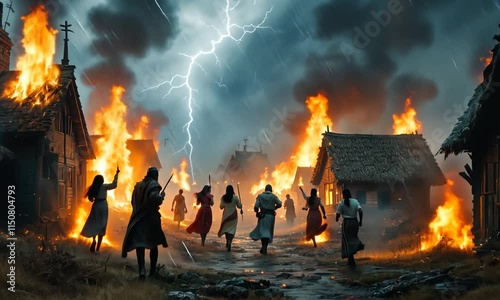 Attack of medieval warriors on village of city arson of houses and buildings