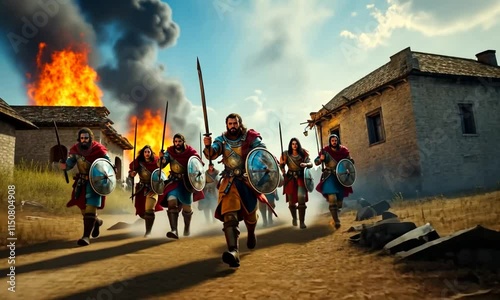 Attack of medieval warriors on village of city arson of houses and buildings