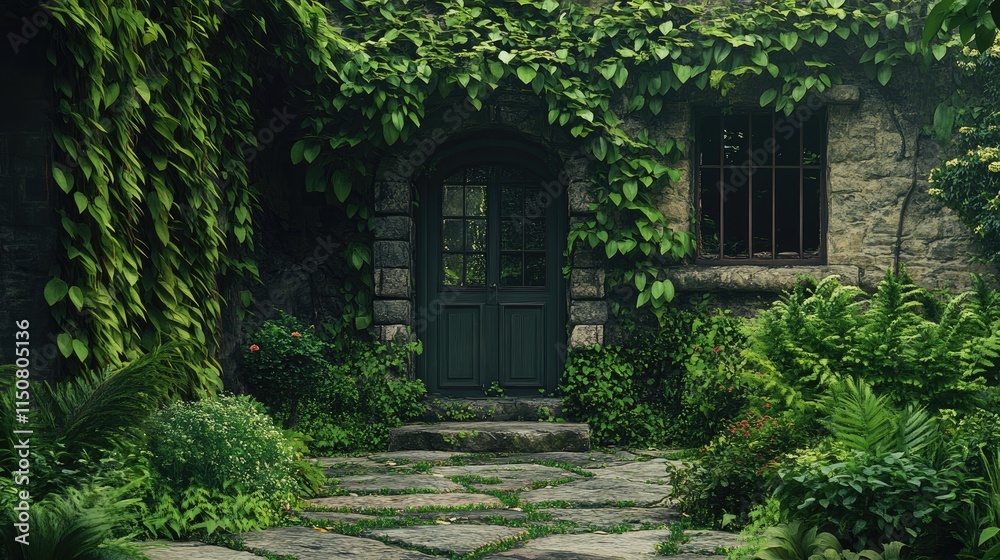 Overgrown stone building with dark green wooden door, ivy, plants, and stone pathway. Overgrown stone building with dark green wooden door, ivy, plants, and stone pathway.