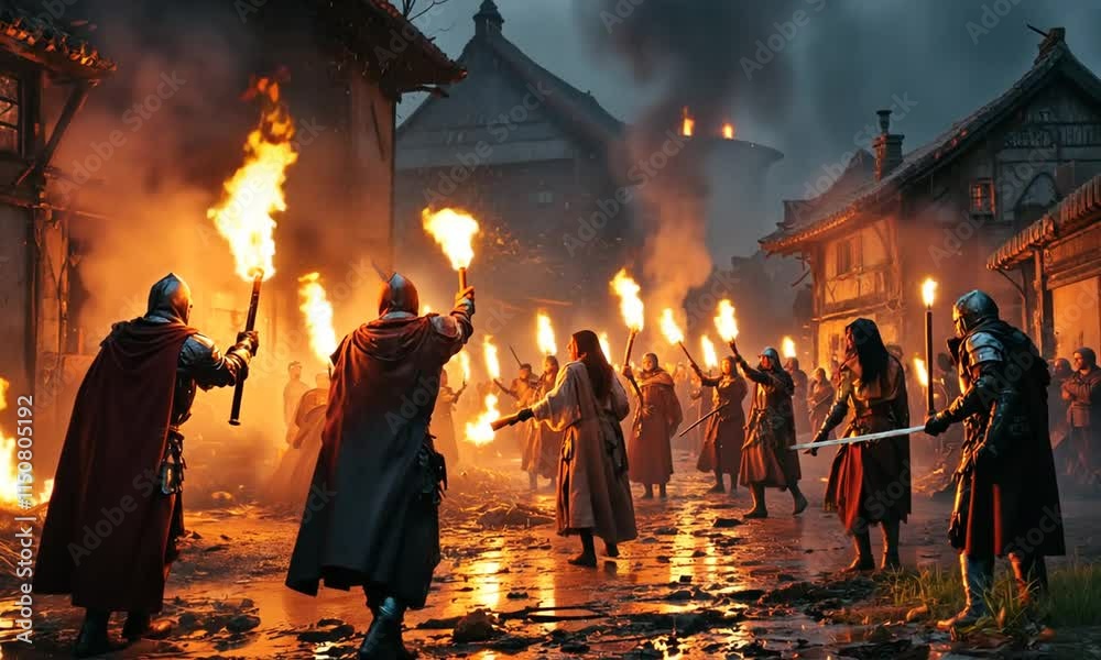 Attack of medieval warriors on village of city arson of houses and buildings