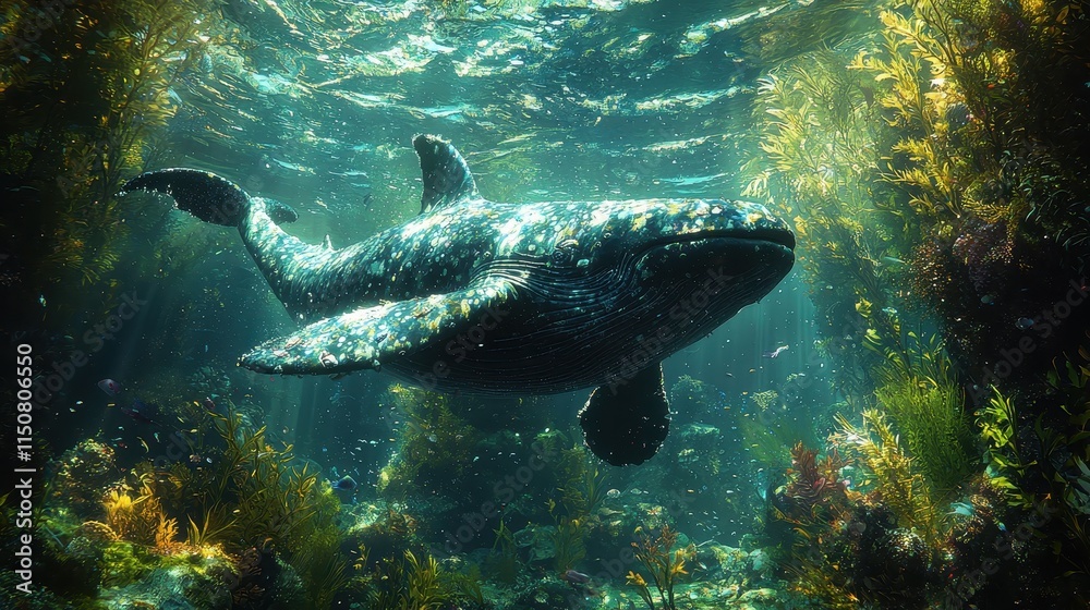 Fototapeta premium Majestic Whale Swimming Through Vibrant Underwater Ecosystem
