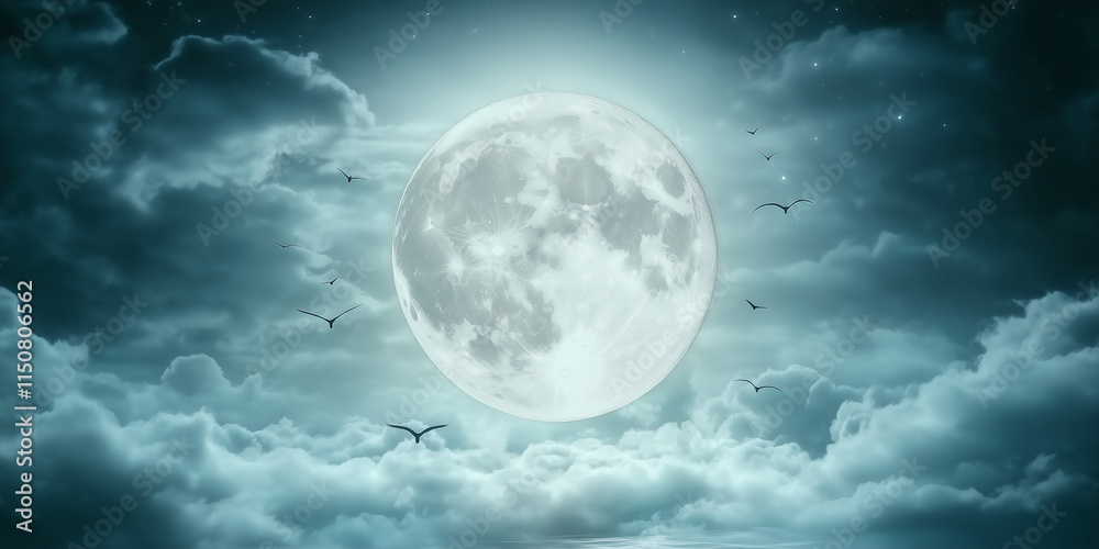 Birds flying around full moon in cloudy night sky, silhouette style Birds flying around full moon in cloudy night sky, silhouette style