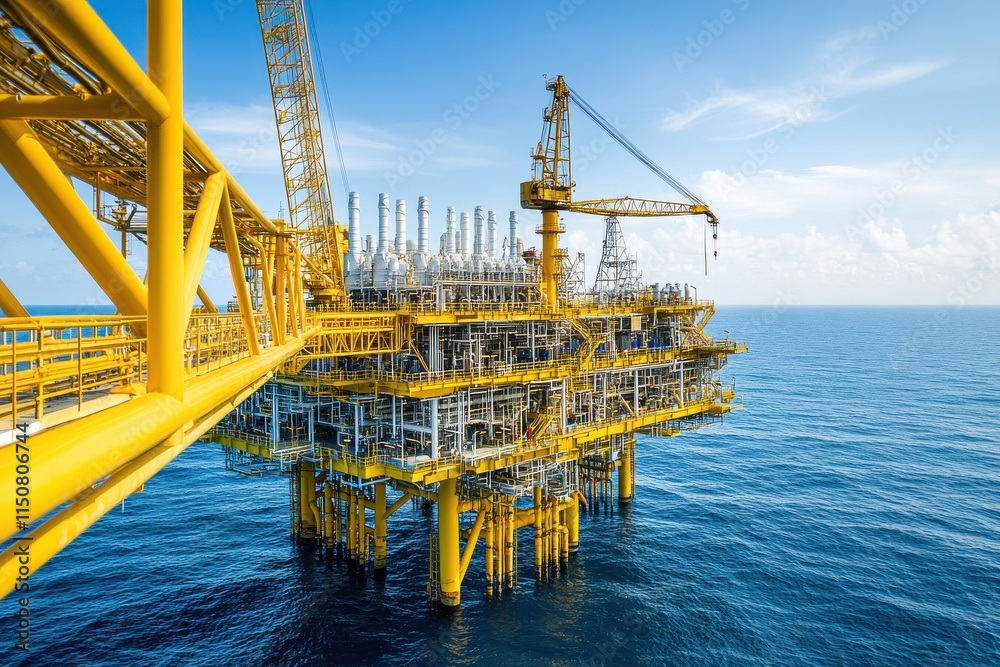 Vibrant Oil and Gas Platform with Cranes Operating Under Soft Midday Light Overlooking Endless Ocean Stretching to the Horizon Vibrant Oil and Gas Platform with Cranes Operating Under Soft Midday Light Overlooking Endless Ocean Stretching to the Horizon