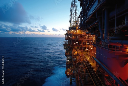 Stunning View of an Oil and Gas Platform with Cranes Operating Under Soft Midday Light Against the Endless Ocean Stretching to the Horizon