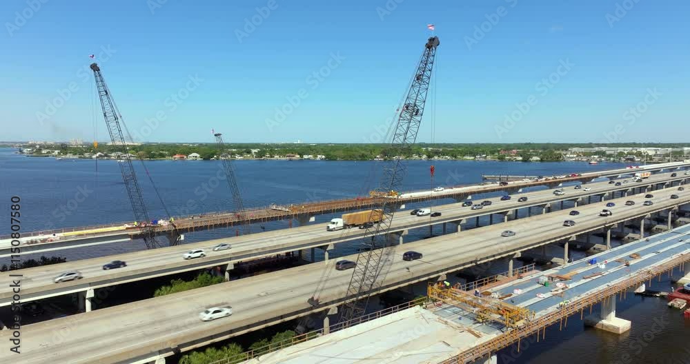 Driving traffic cars on freeway bridge road under construction ...