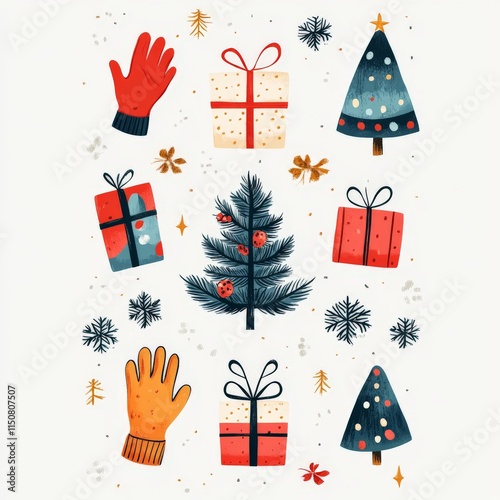 flat illustration about holiday season, flat objects pattern repetitively such as gloves, gifts photo