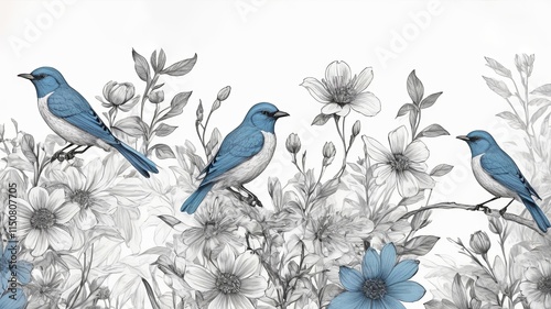 Victorian floral pattern. Blossom branches with birds. Blue sparrows and finches among flowers and leaves on white background. Hand drawn style