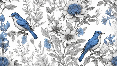 Victorian floral pattern. Blossom branches with birds. Blue sparrows and finches among flowers and leaves on white background. Hand drawn style