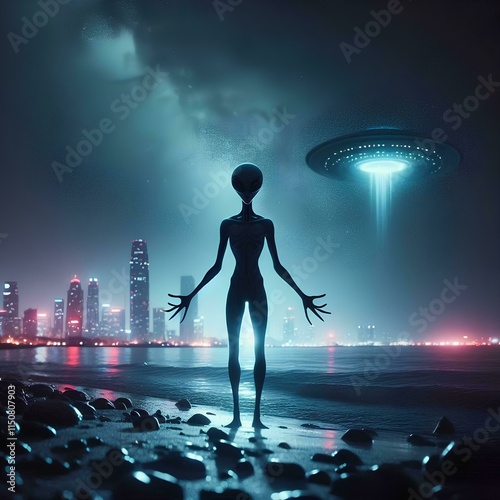 silhouette of an alien alone on the beach at night 1