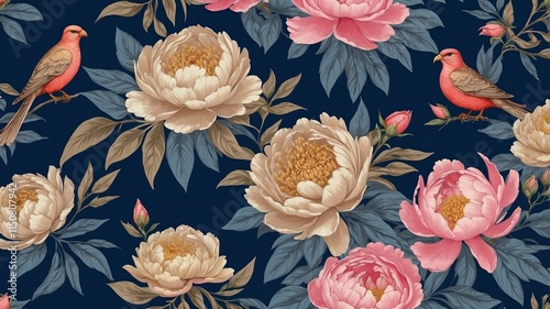 Victorian elegant floral pattern. Blossom peonies with birds. Bright colorful sparrows and finches among flowers and leaves on navi blue background