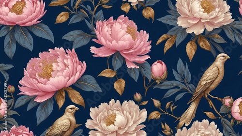 Victorian elegant floral pattern. Blossom peonies with birds. Bright colorful sparrows and finches among flowers and leaves on navi blue background