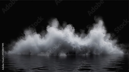 Realistic illustration with spooky smoke and steam above water surface. Steam clouds, fog and haze on black background