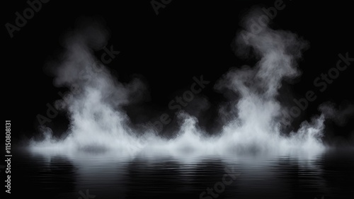 Realistic illustration with spooky smoke and steam above water surface. Steam clouds, fog and haze on black background